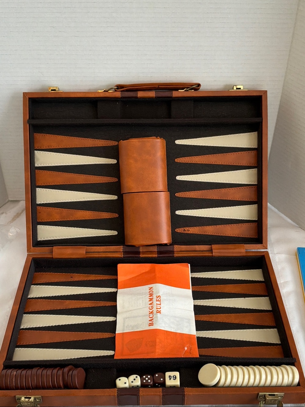Leather Backgammon Set - Brown and Cream vintage made in Taiwan
